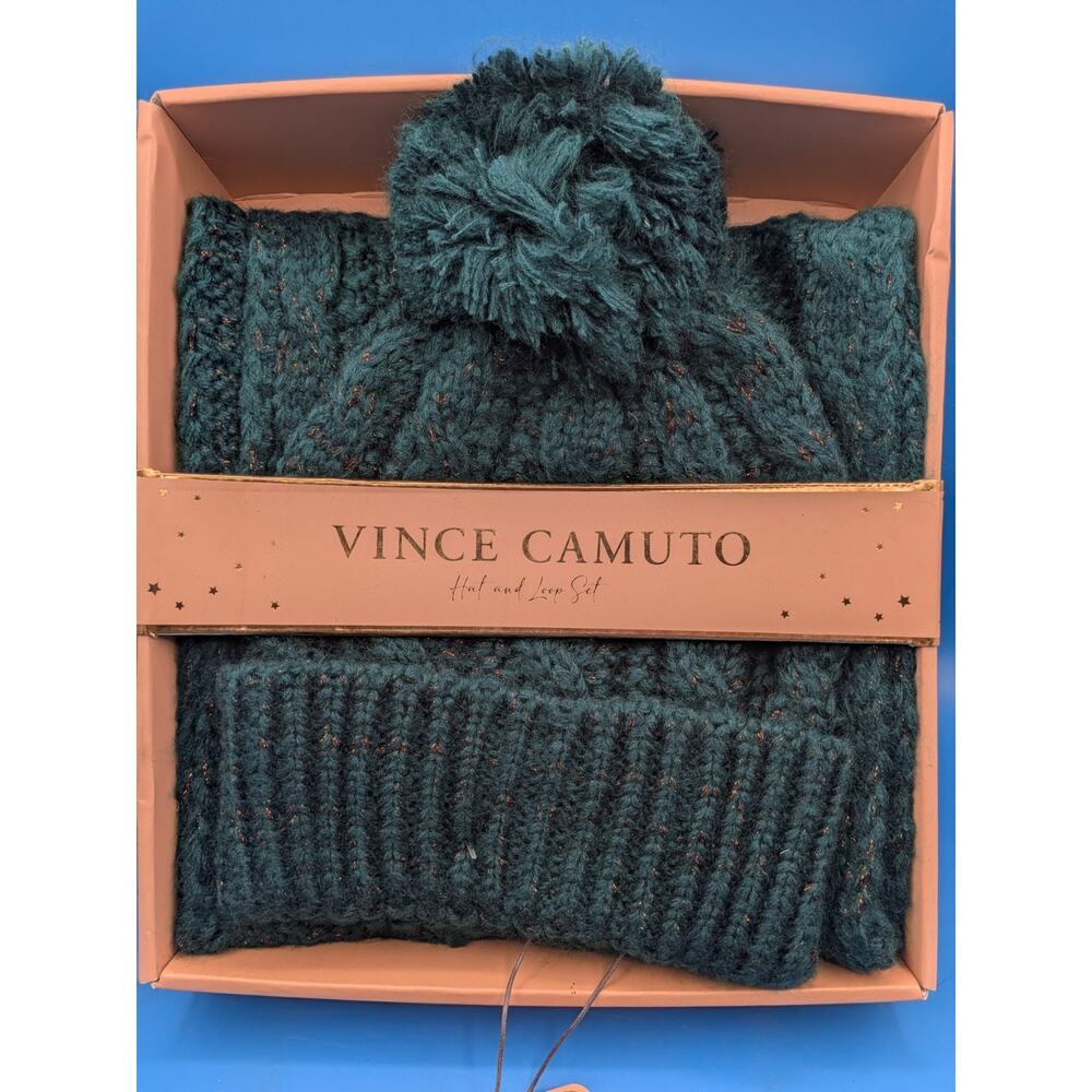 Vince Camuto Hat And Loop Scarf Set Green With Gold Accents New In Package